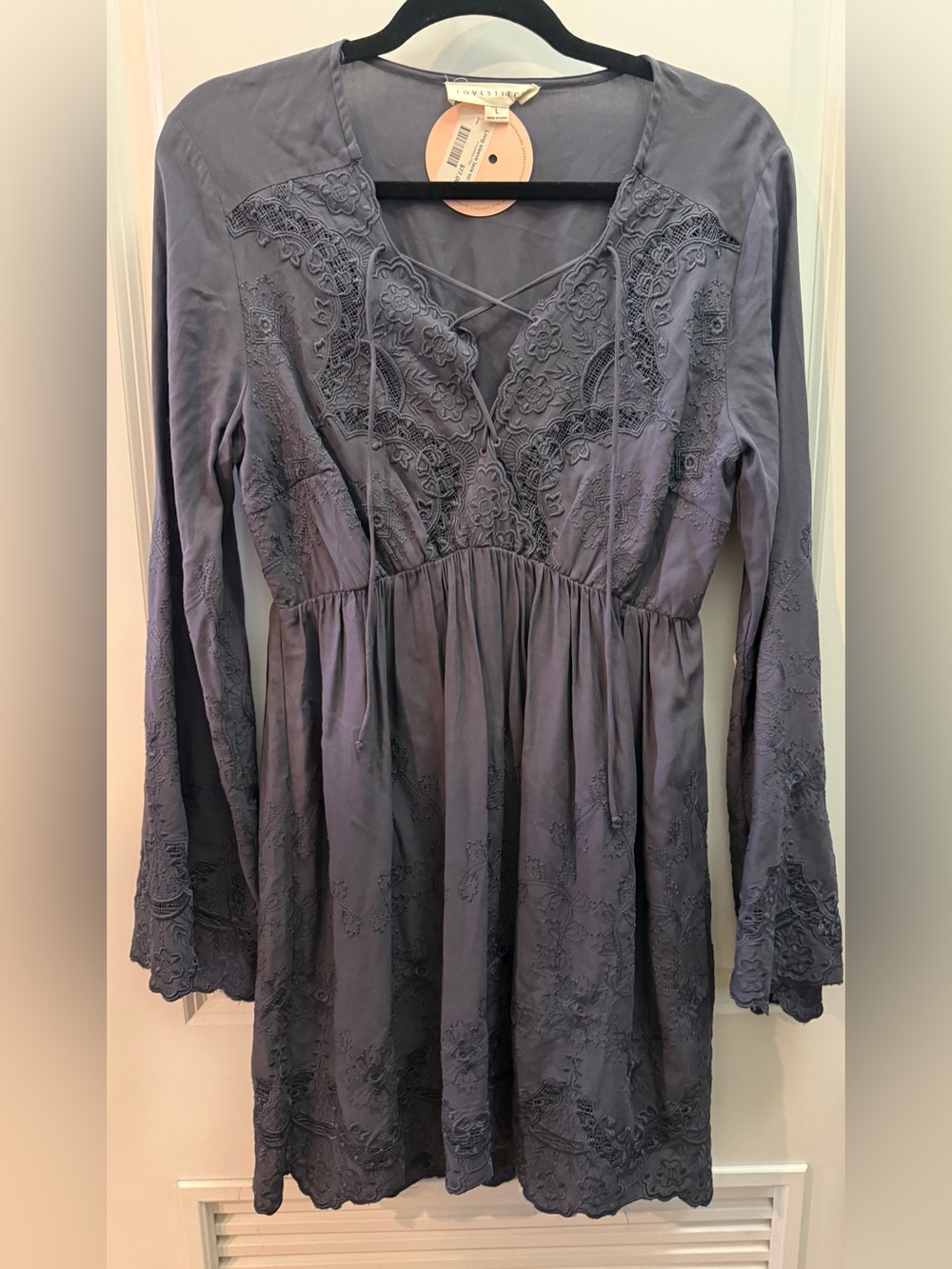 lovestitch Long Sleeve Embroidered Lace-Up Tunic Dress in Dusty Blue